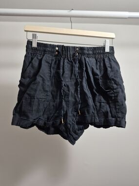 Women's Black Elastic Waist 100% Linen Shorts